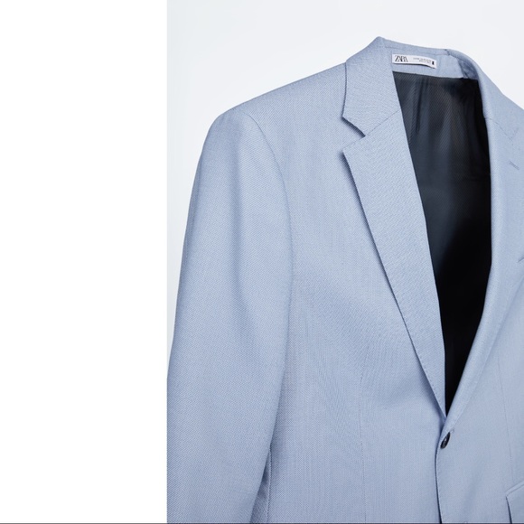 ZARA Cool Comfort Wool Blend Textured Woven Lined Preppy Suit Blazer Light Blue - Picture 8 of 16
